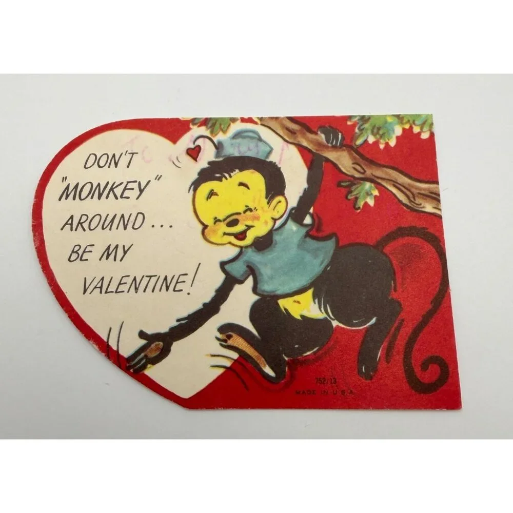 Vintage Greeting Card Valentines Day 1950s Monkey in Tree Anthropomorphic